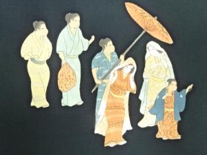 アンティーク　塩瀬　手描き　時代人物模様名古屋帯